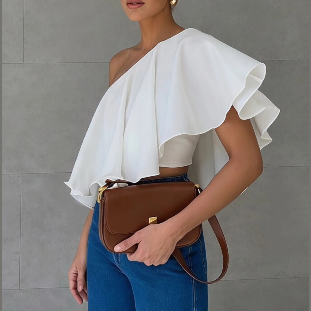 Ivory Asymmetrical Ruffle One Shoulder Crop Top